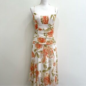 Vintage White and Orange Floral Midi Dress